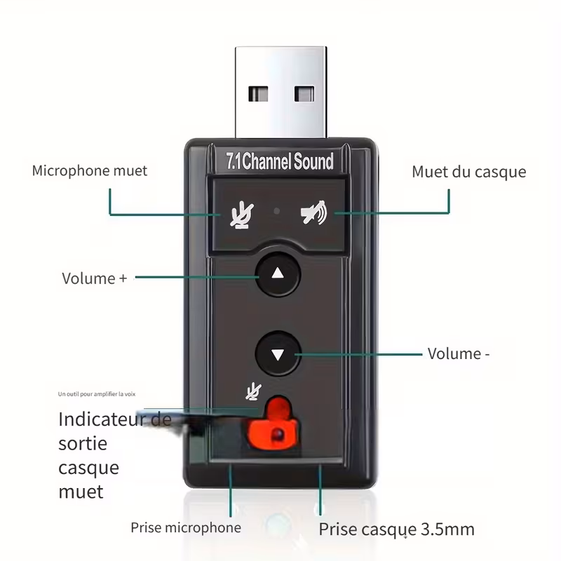 Carte son externe USB 2.0 portable pour PC de bureau et ordinateurs portable